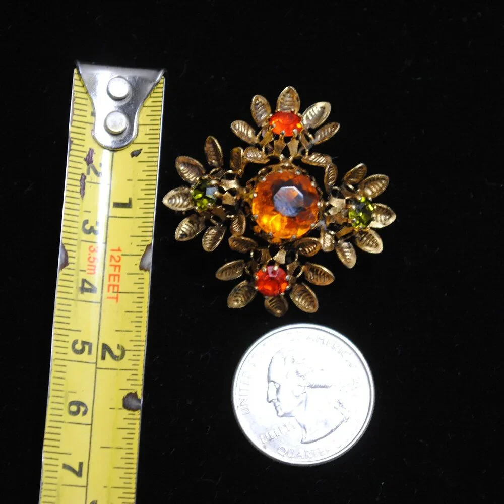 Vintage Floral Brooch with Orange & Green Glass Stones Made in Austria